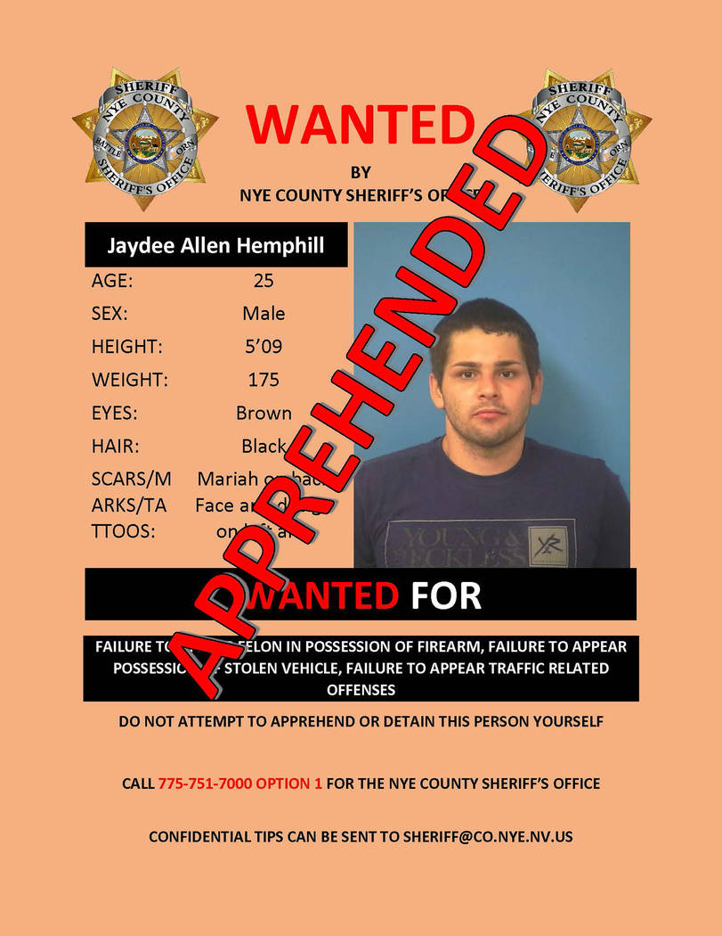 Special to the Pahrump Valley Times 
Jaydee Allen Hemphill, 25, was sought since July by local authorities on several failure to appear warrants. He was captured on Friday evening Dec. 22, at the  ...