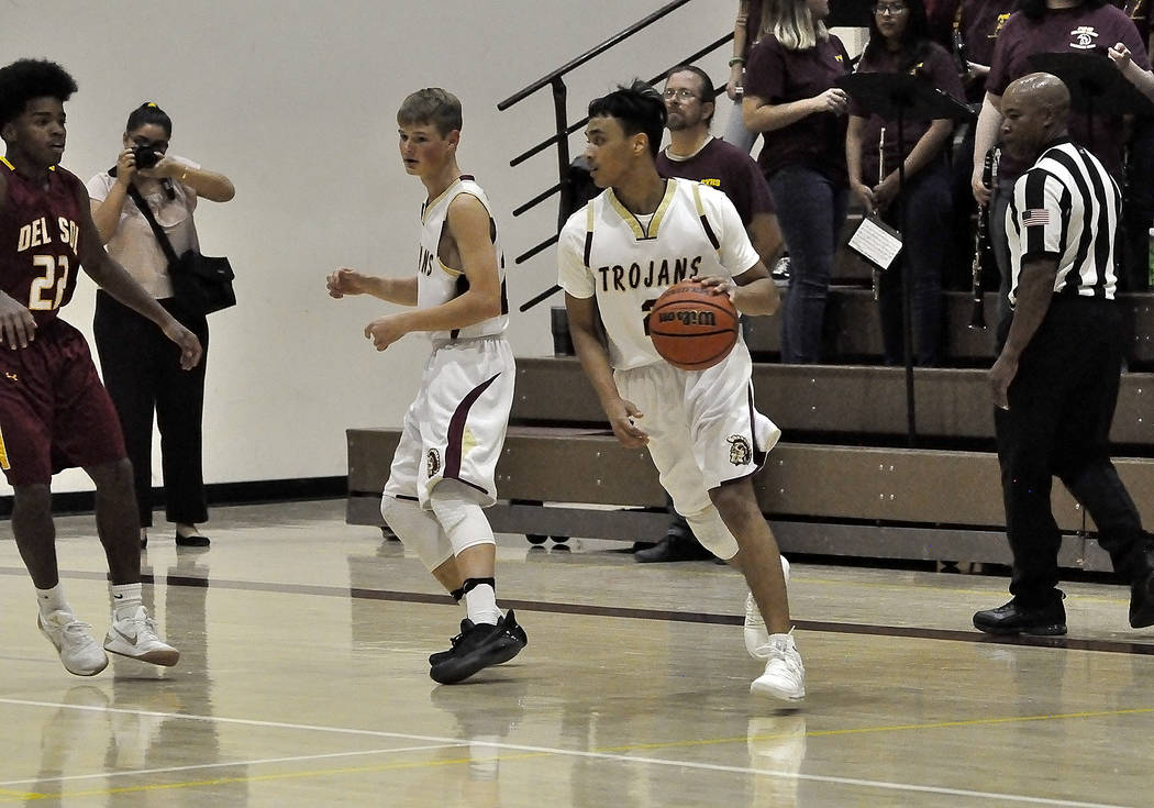 Horace Langford Jr./Pahrump Valley Times
Pahrump Valley High School basketball player Antonio Fortin is shown in action against Del Sol earlier this season. The team’s next home game for the Tro ...