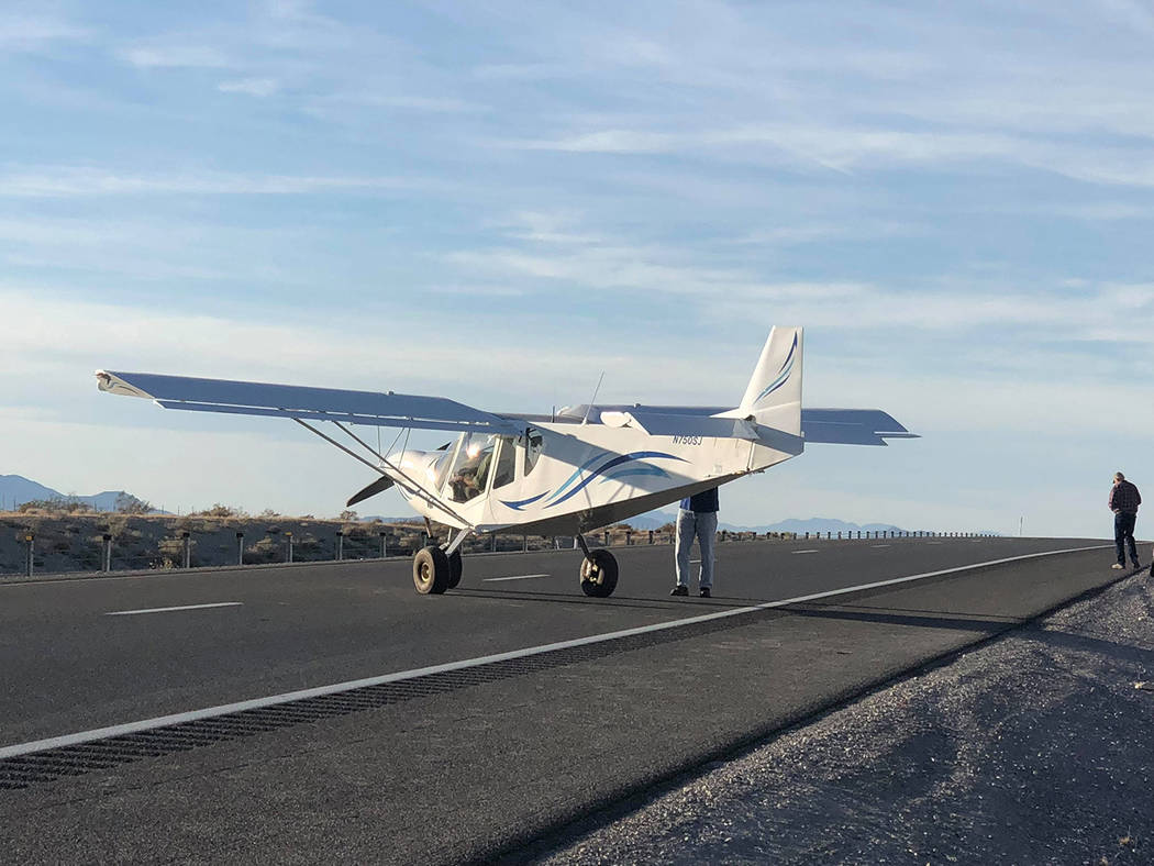 Ryan Muccio/Special to the Pahrump Valley Times 
Fortunately, traffic along the northbound lanes of Highway 160 was light when the pilot of a small plane was forced to land Friday afternoon, after ...