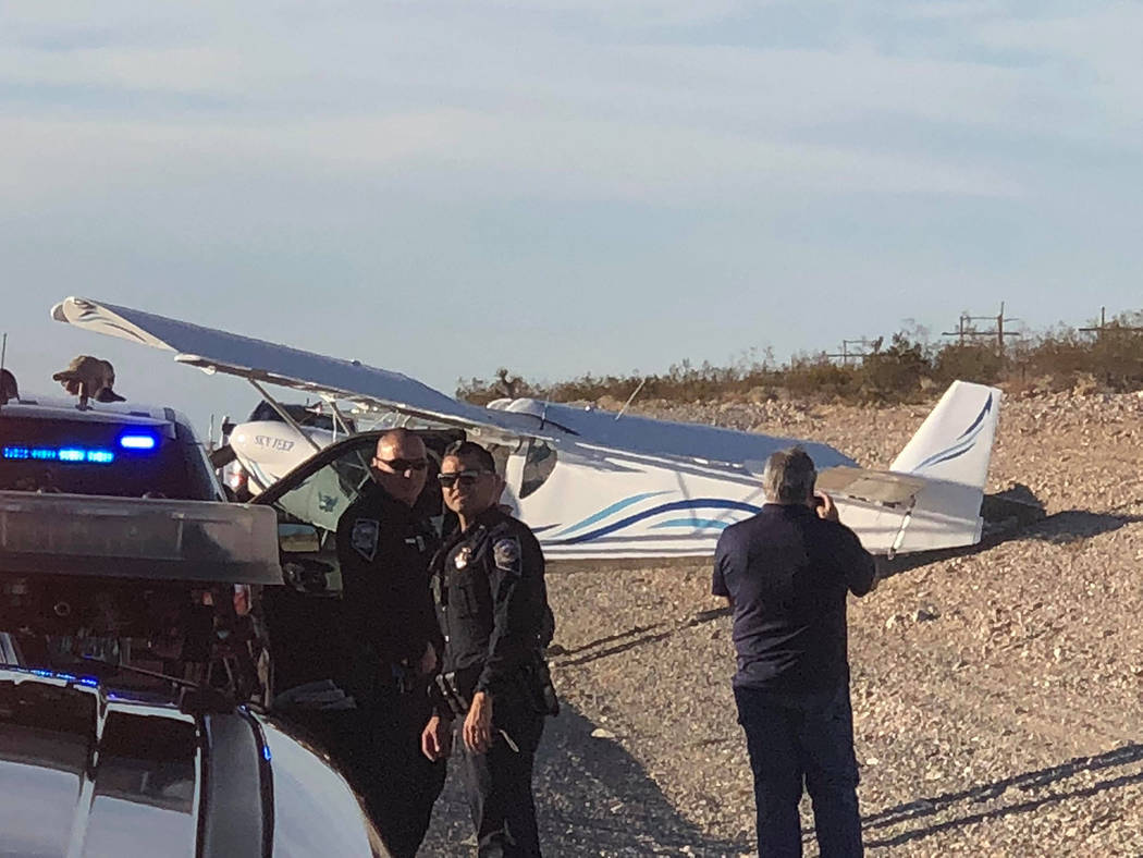 Ryan Muccio/Special to the Pahrump Valley Times 
Several Nevada Highway Patrol Troopers responded to the southbound lanes of Highway 160 to assist a pilot who was forced to make an emergency landi ...