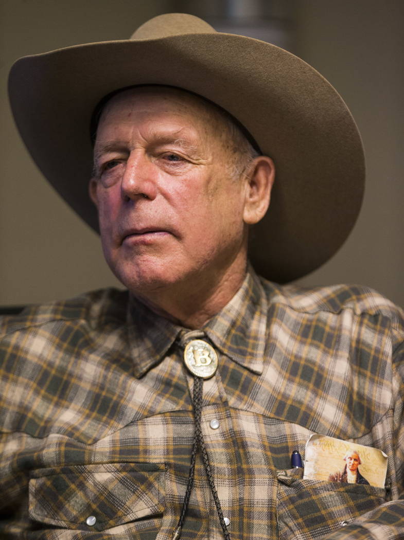 Bunkerville rancher Cliven Bundy at the office of defense attorney Bret Whipple in downtown Las Vegas on Tuesday, Jan. 9, 2018. Federal charges against Bundy, two of his sons and an independent mi ...