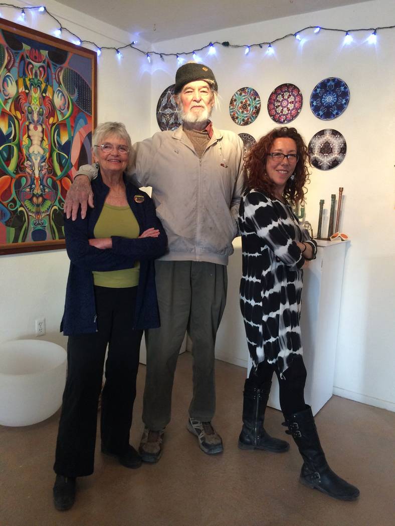 Amy Noel /Special to the Pahrump Valley Times
Kathy Goss, left, John Hamilton, center, and Judyth Greenburgh, right, at the Tecopa Artist Group Gallery on January 20, 2018.