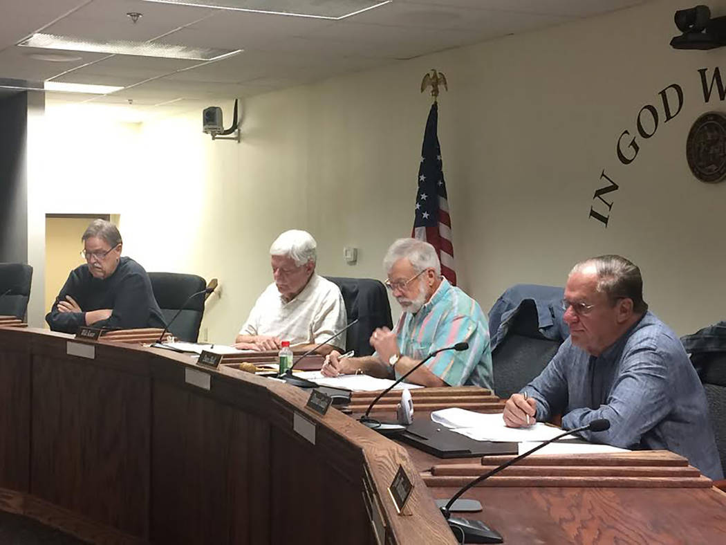 Robin Hebrock/Pahrump Valley Times
Pictured from right to left are Nye County Water District Governing Board members Dennis Gaddy, Dave Hall, Walt Kuver and William Knecht, four of the seven-membe ...