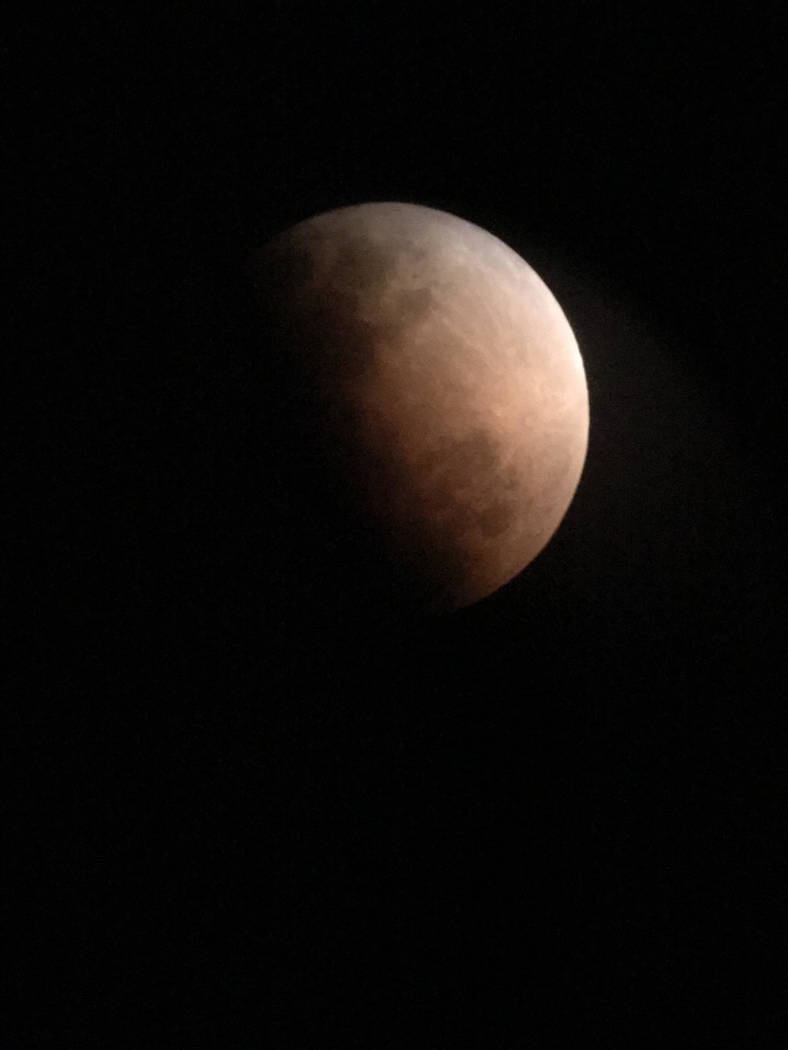 Pearl Lowell/Special to the Pahrump Valley Times
A Pahrump teen grabbed a shot of the lunar eclipse on Wednesday on the south end of town through an Orion telescope. The orange appearance started  ...