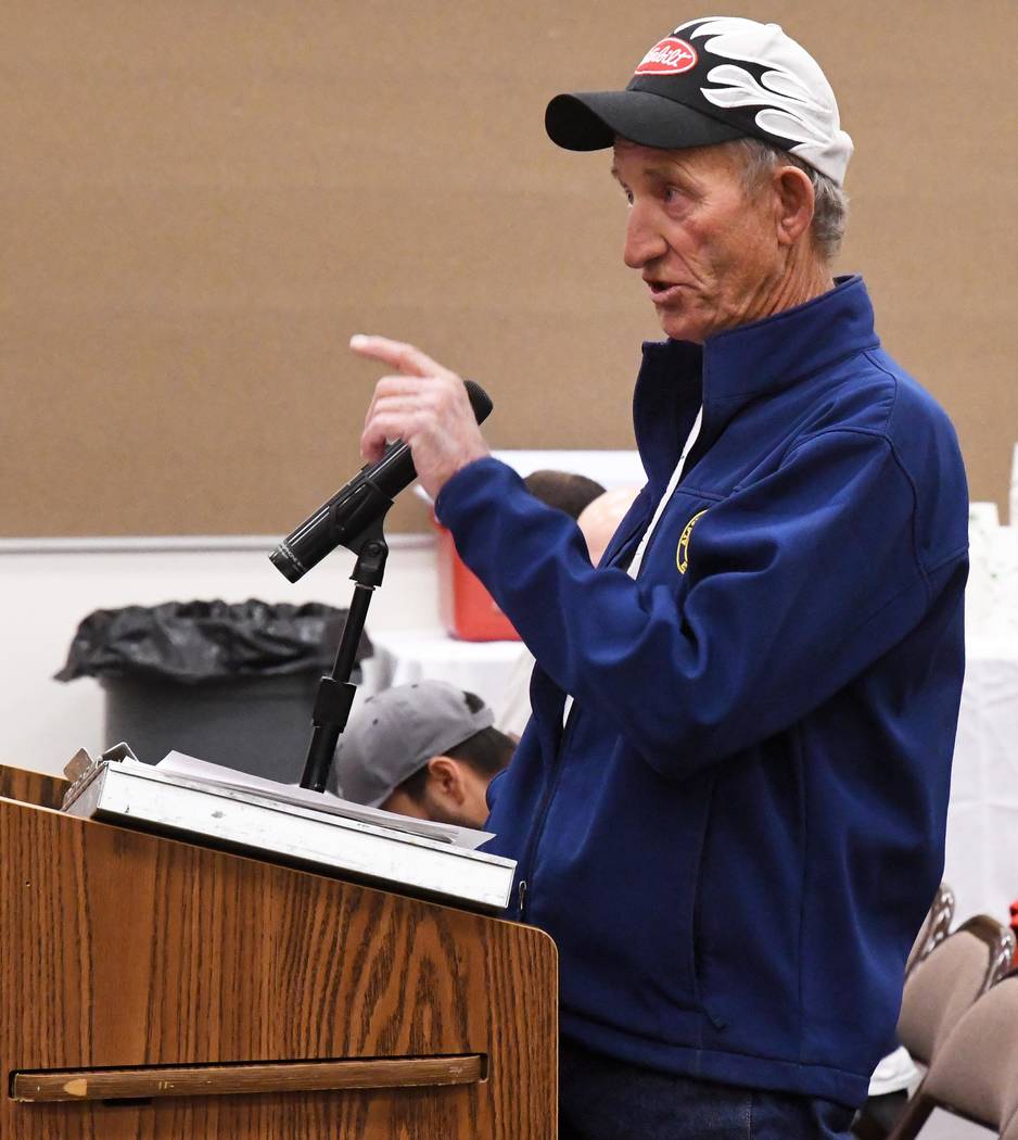Richard Stephens/Special to the Parhump valley Times
Beatty resident and STORM-OV co-founder Brad Hunt makes a point during the comment portion of the Air Force hearing on their proposals for the  ...