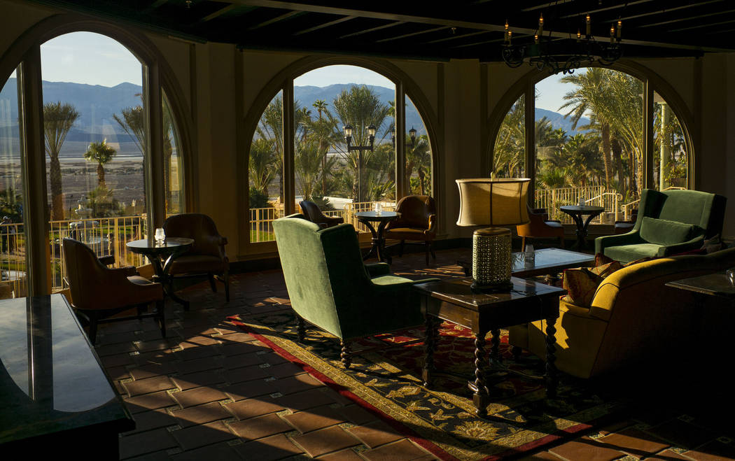 Seating with a view near the bar area during a tour of The Inn at Death Valley in Death Valley National Park, Calif, on Tuesday, Jan. 23, 2018. The Inn, formerly the Furnace Creek Inn prior to ren ...