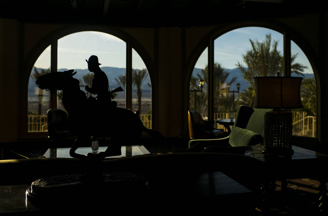 A sculpture is silhouetted against a view looking out over the valley during a tour of The Inn at Death Valley in Death Valley National Park, Calif, on Tuesday, Jan. 23, 2018. The Inn, formerly th ...