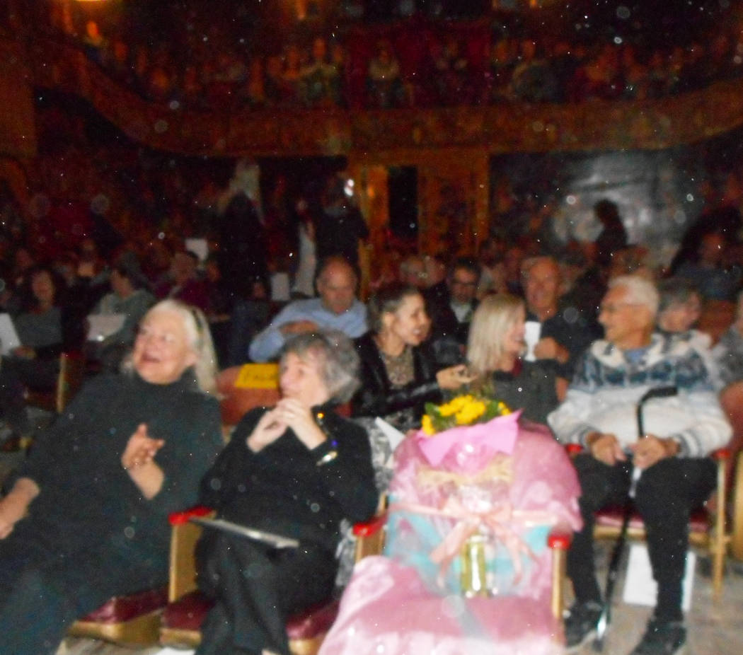 Robin Flinchum/Special to the Pahrump 
Aina Balgavis and Myrna Galle Van Buren sit next the chair reserved for the memory of their long time friend, Marta Becket, waiting for the show to start. In ...