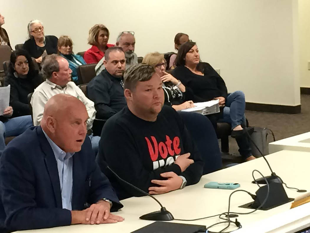 Robin Hebrock/Pahrump Valley Times
Dennis Hof, left, and Zack Hames, right, appeared before the Nye County Liquor and Licensing Board on Feb. 20 for a disciplinary hearing pertaining to code viola ...