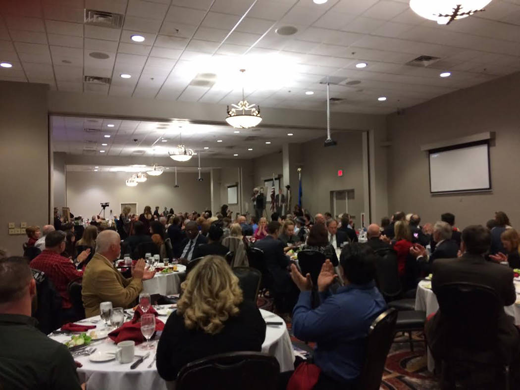 Robin Hebrock/Pahrump Valley Times
The audience at the Lincoln Dinner is pictured applauding Joe Burdzinski's opening comments. He welcomed the crowd and primed them for the many political speeche ...