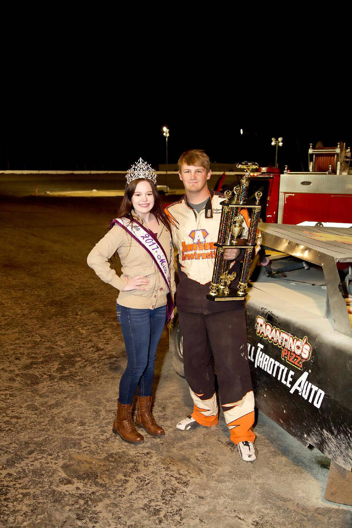 Judy Maughan/Special to the Pahrump Valley Times
Trophy girl Shelby Ledford congratulates Austin Kiefer on his victory in the Sam Stringer Memorial Super Stock Shootout on March 3 at Pahrump Valle ...