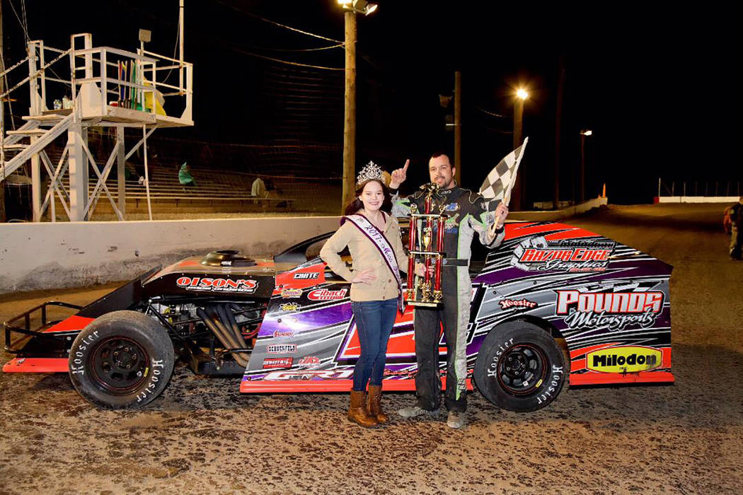 Judy Maughan/Special to the Pahrump Valley Times
Brad Pounds of Bakersfield, California, pictured with trophy girl Shelby Ledford, captured first-place money of $3,000 in the Modified class of the ...
