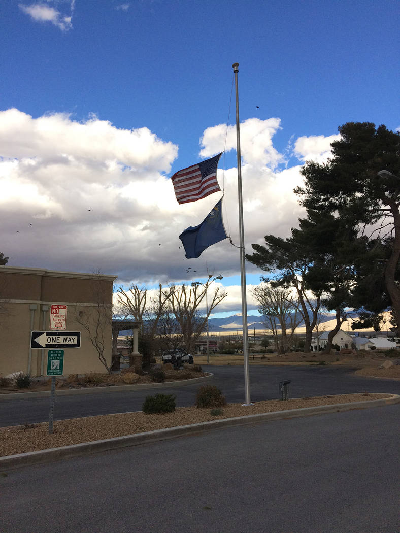 Robin Hebrock/Pahrump Valley Times
The American and Nevada flags are shown flying at half-staff in Pahrump at the outside the Ian Deutch Government Complex on March 2. The flags were at half-mast  ...