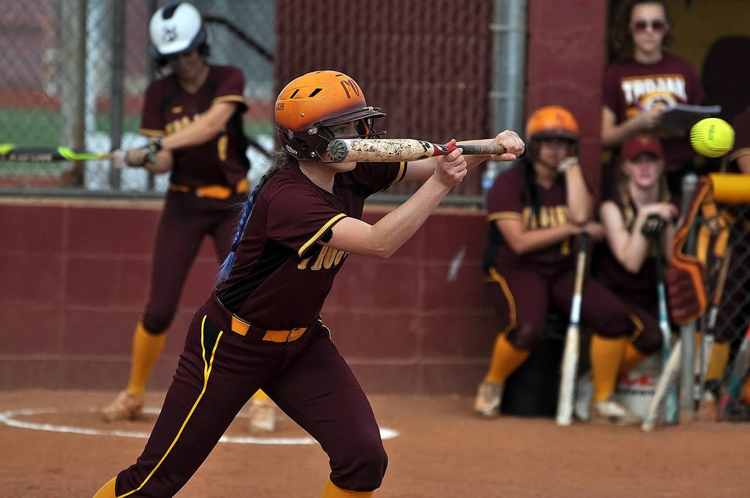 Horace Langford Jr./Pahrump Valley Times
Pahrump Valley senior Kathy Niles attempts to lay down a bunt during a March 13 game against Del Sol in Pahrump.