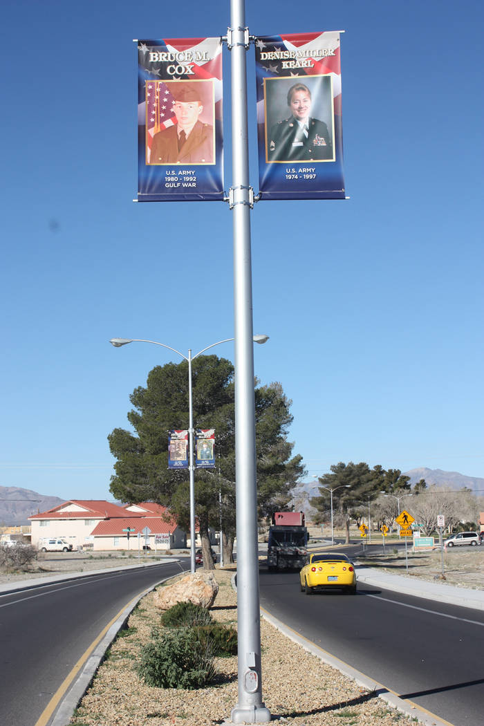 Robin Hebrock/Pahrump Valley Times
The veterans banners have been placed on the light poles that divide Calvada Blvd., where daily traffic will ensure they are seen by many locals and visitors.