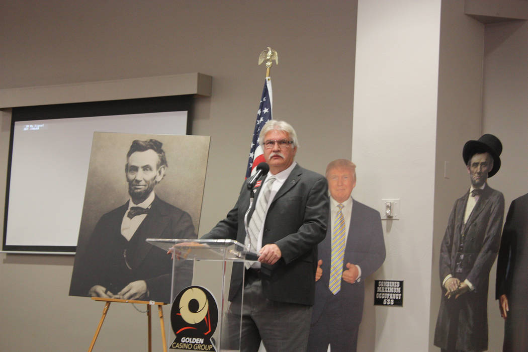 Robin Hebrock/Pahrump Valley Times
Nye County Republican Central Committee Chairman Joe Burdzinski is shown addressing the large crowd at one of the committee's largest functions, the Lincoln Day  ...