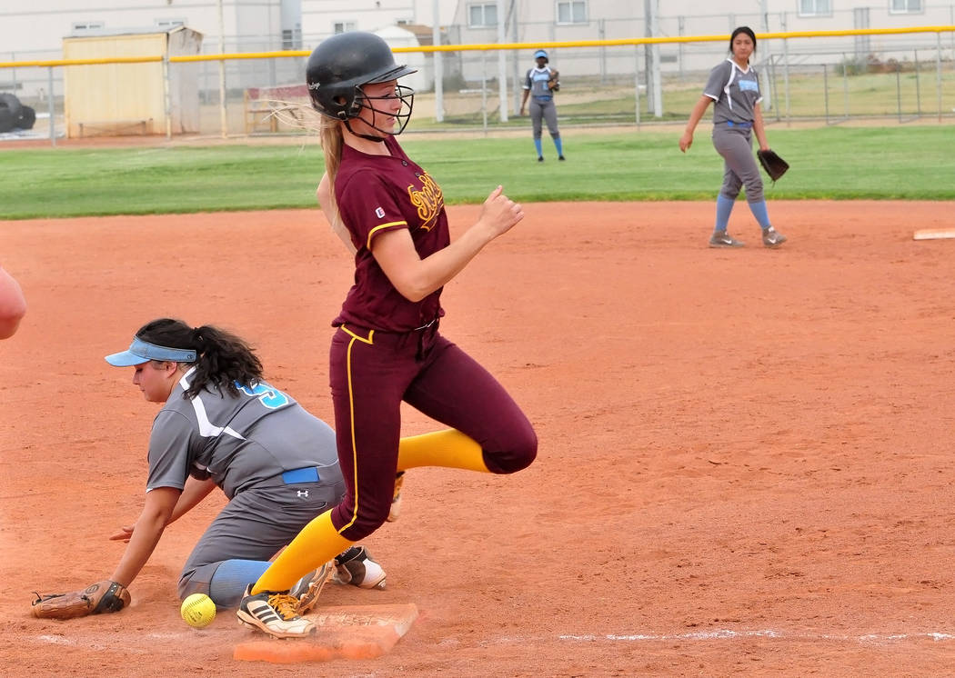 Horace Langford Jr./Pahrump Valley Times
Evandy Murphy squeezed home the tying run in the bottom of the seventh inning Saturday in Pahrump Valley's 11-10 win over Fernley in the Centennial Spring  ...