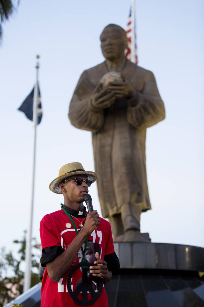 Elizabeth Brumley/Las Vegas Review-Journal
The Dr. Martin Luther King Jr., Memorial Statue is shown during a vigil in North Las Vegas in 2017.  King was assassinated on April 4, 1968.