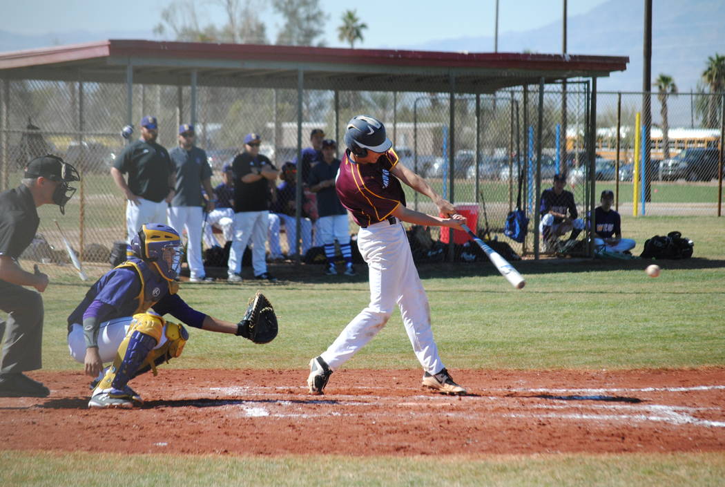 Charlotte Uyeno/Pahrump Valley Times
Garrett Lucas went 2-for-3 with a triple, three RBIs and a run scored Monday as the Pahrump Valley baseball team defeated Virgin Valley 4-1 in Mesquite.