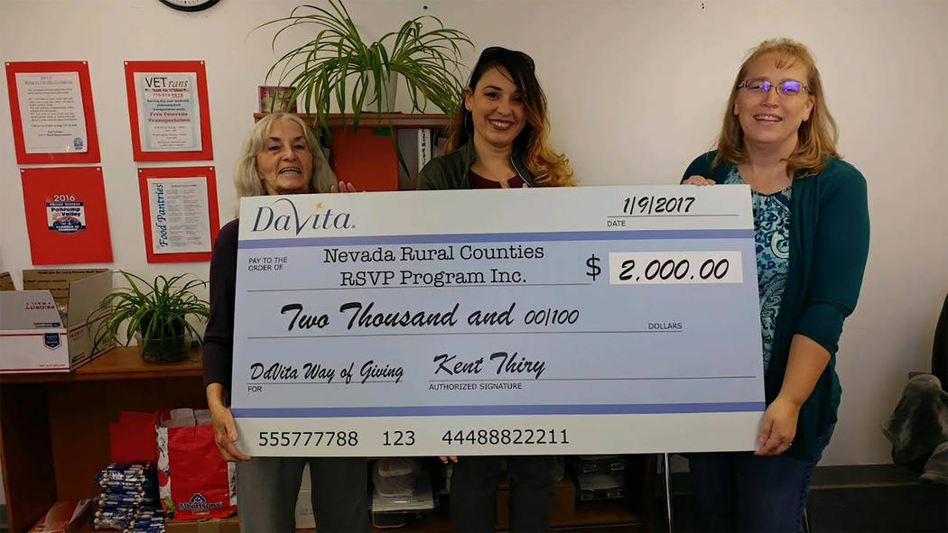RSVP is always grateful for donations, such as this $2,000 check that RSVP Field Representative Jan Lindsay, left, received from DaVita Pahrump Dialysis in early 2017. Donations are a major source ...