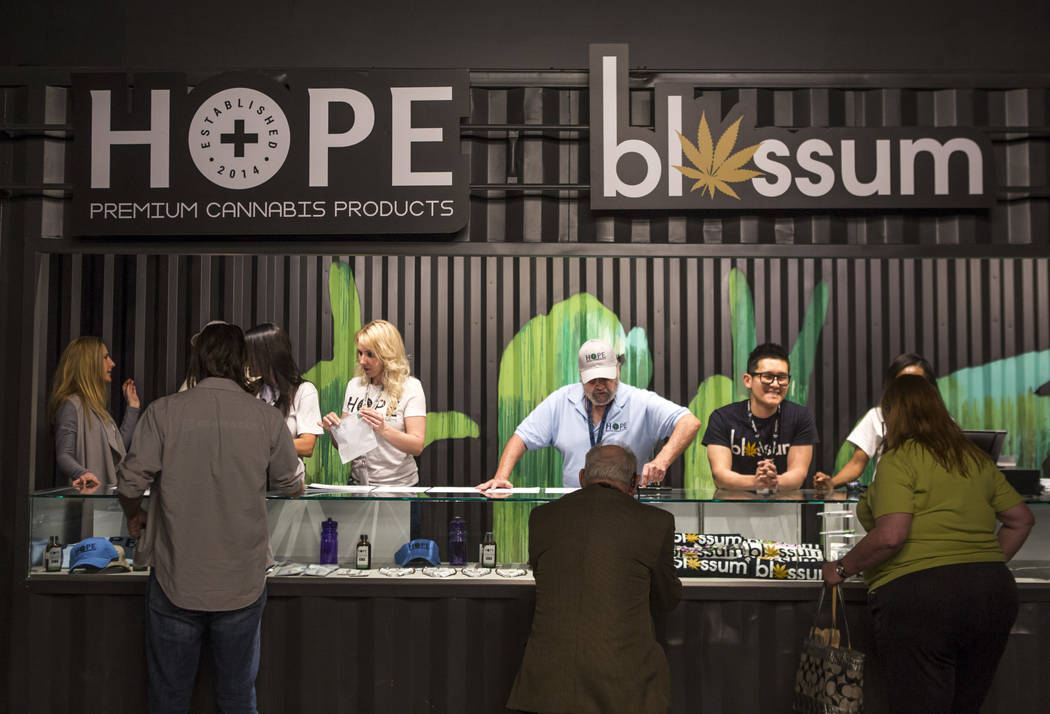 Customers browse a selection of cannabis products at the newly opened Underground Marijuana Famers Market at Acres Dispensary on Friday, April 23, 2018. Patrick Connolly Las Vegas Review-Journal ...