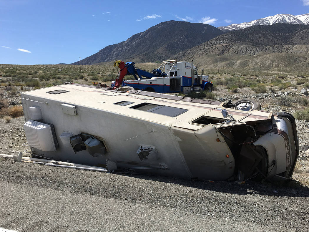 Nevada Highway Patrol A look at the overturned motorhome along U.S. Highway 95 in Mineral County on April 26. The driver was killed in the crash.