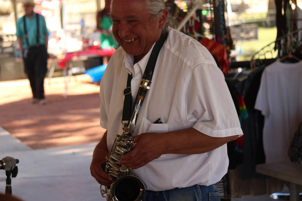 Jeffrey Meehan/Pahrump Valley Times A musician plays jazz-style music at Ian Deutch Memorial Park on May 12, 2018. The alto sax player was one of many performers at the "One Love" music festival d ...