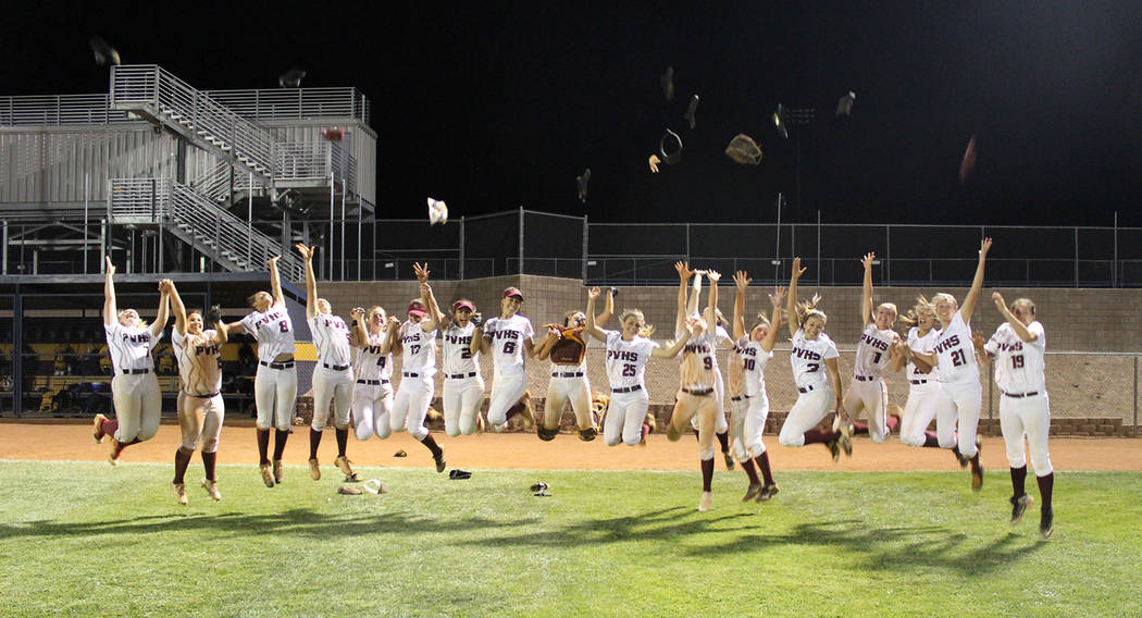 Cassondra Lauver/Special to the Pahrump Valley Times The Pahrump Valley softball team celebrates the 15-6 win over Moapa Valley last Friday night in Boulder City that guaranteed the Trojans a retu ...