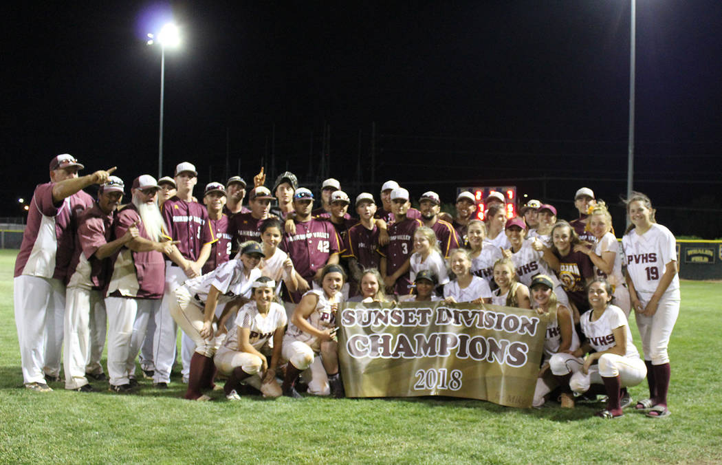 Cassondra Lauver/Special to the Pahrump Valley Times The Pahrump Valley baseball and softball teams celebrate each winning the regular-season Sunset League title and qualifying for the Class 3A st ...