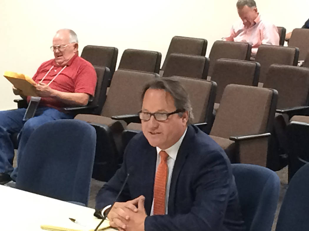 Robin Hebrock/Pahrump Valley Times Baron and Budd representative Archie Lamb appeared before the Nye County Commission on May 15 to give a presentation on the possible pursuit of litigation agains ...