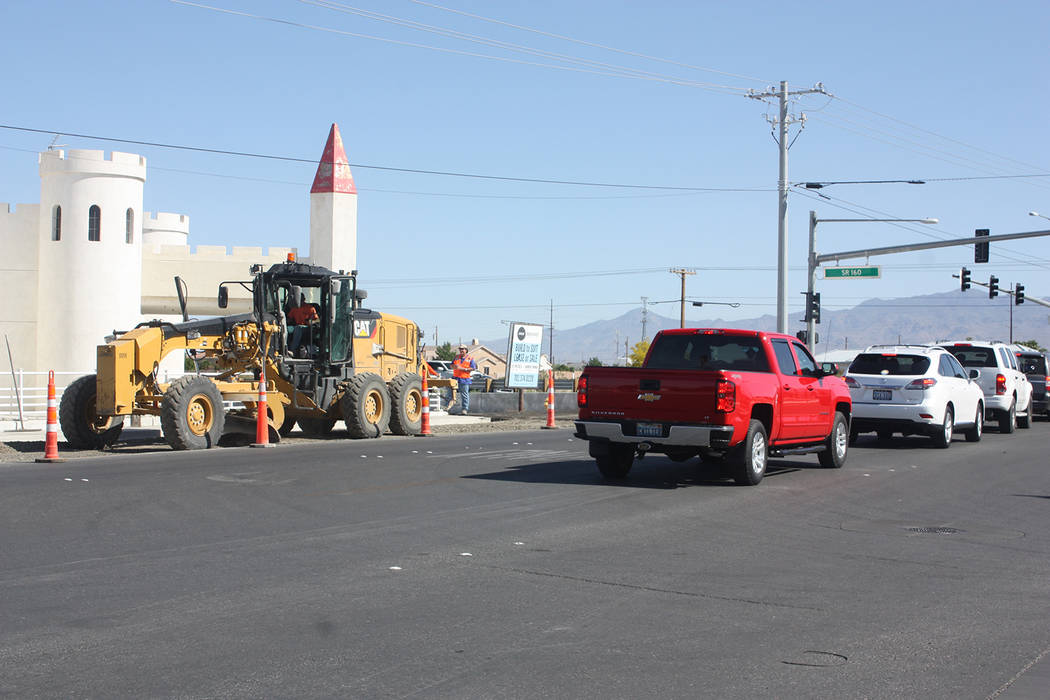 Robin Hebrock/Pahrump Valley Times This photo shows motorists waiting to execute a left-hand turn at the intersection of Hwy. 160 and Homestead Road, where a cone zone has sat for several months. ...