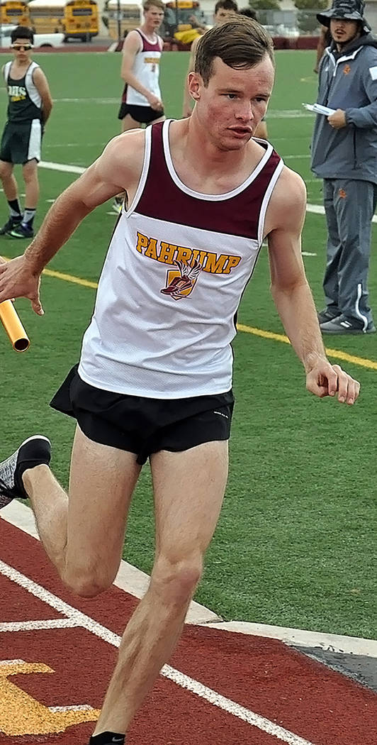 Horace Langford Jr./Pahrump Valley Times Pahrump Valley senior Bryce Odegard won the 800 meters in 1 minute, 57.69 seconds and the 1,600 in 4:29.61, finished fourth in the 3,200 in 10:23.77 and ra ...