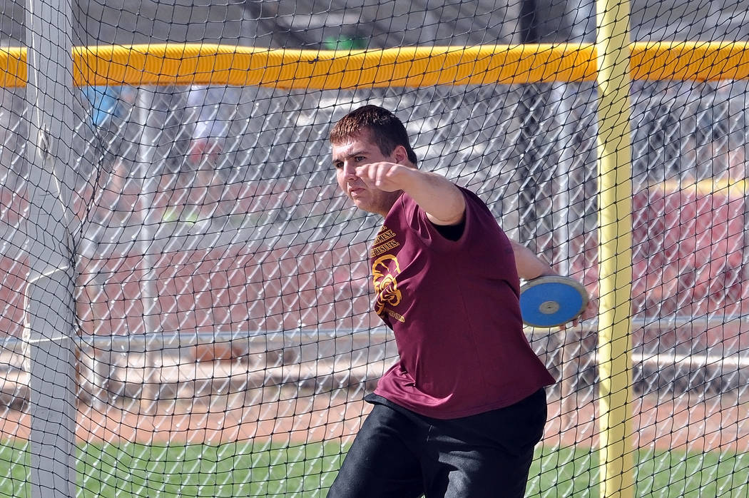 Horace Langford Jr./Pahrump Valley Times Senior Jeremy Albertson of Pahrump Valley won the discus at the Class 3A state championships with a throw of 160 feet, 7 inches, helping the Trojans to thi ...
