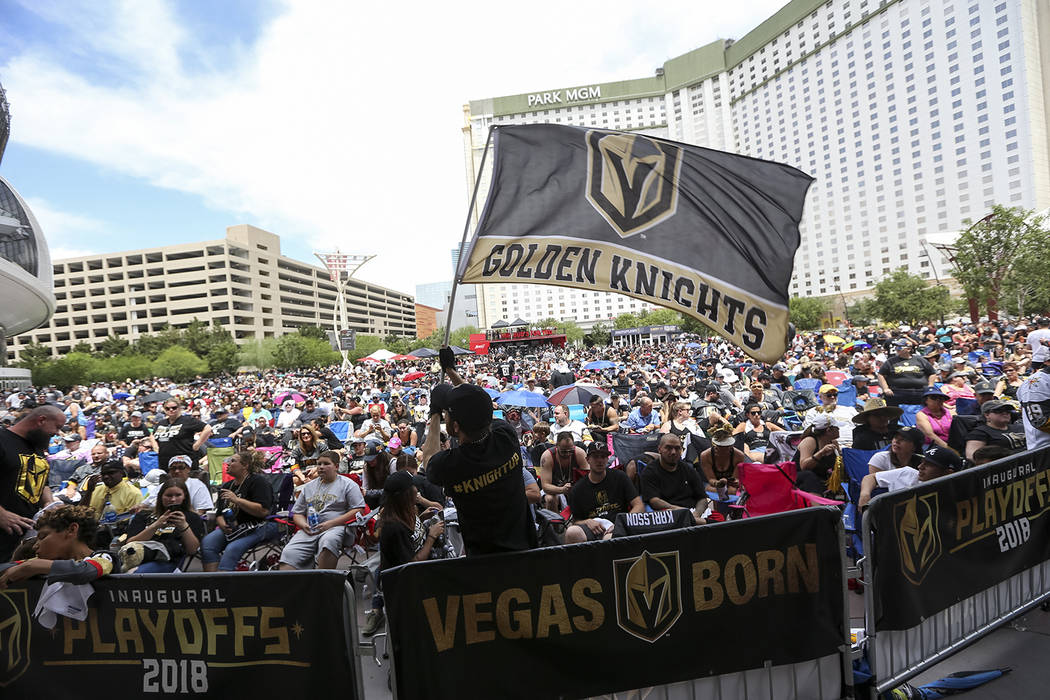 Richard Brian/Las Vegas Review-Journal Vegas Golden Knights fans gather to watch Game 5 of the Western Conference finals between the Golden Knights and the Winnipeg Jets on Sunday at Toshiba Plaza ...