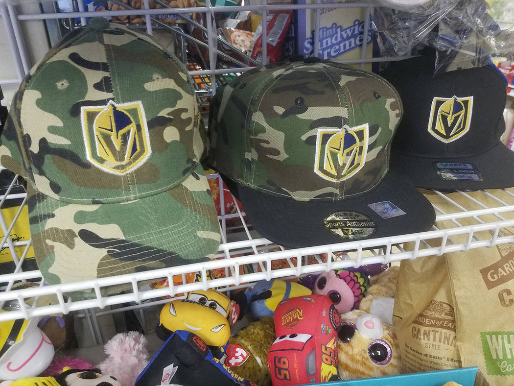 David Jacobs/Pahrump Valley Times Vegas Golden Knights caps are shown available for purchase this week at Winery Super Mart in Pahrump. With the team in the Stanley Cup Finals, Knights merchandise ...