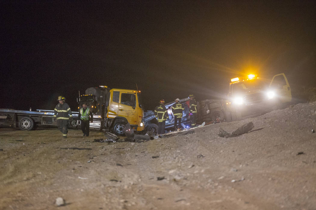 The GMC 2500 truck that flipped into the ditch in the multi fatality crash on U.S. Highway 95, near Amargosa Valley in Nye County, Sunday, May 20, 2018. (Rachel Aston Las Vegas Review-Journal @roo ...