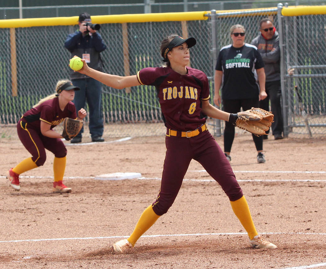 Steve Ranson/Special to the Pahrump Valley Times Pahrump Valley senior Amaya Mendoza delivers a pitch against Churchill County of Fallon during the Class 3A state championships May 17 in Reno.