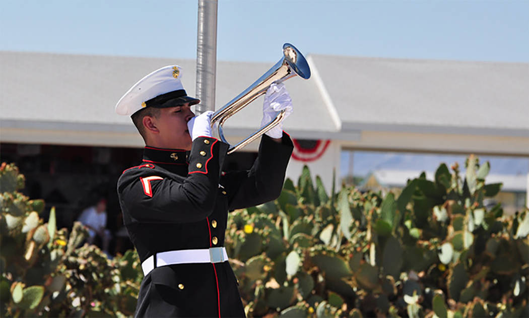 Selwyn Harris/Pahrump Valley Times A member of the United States Marine Corps blows "Taps" during a previous Memorial Day ceremony at G.G. Sweet Memorial Park. A 9:30 a.m. ceremony is scheduled on ...