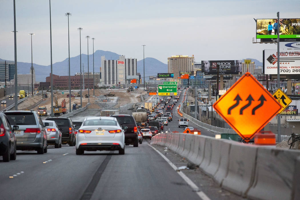Richard Brian/Las Vegas Review-Journal Heavy traffic moves in the northbound lanes of Interstate 15 near Charleston Boulevard in Las Vegas on Thursday, April 5, 2018.