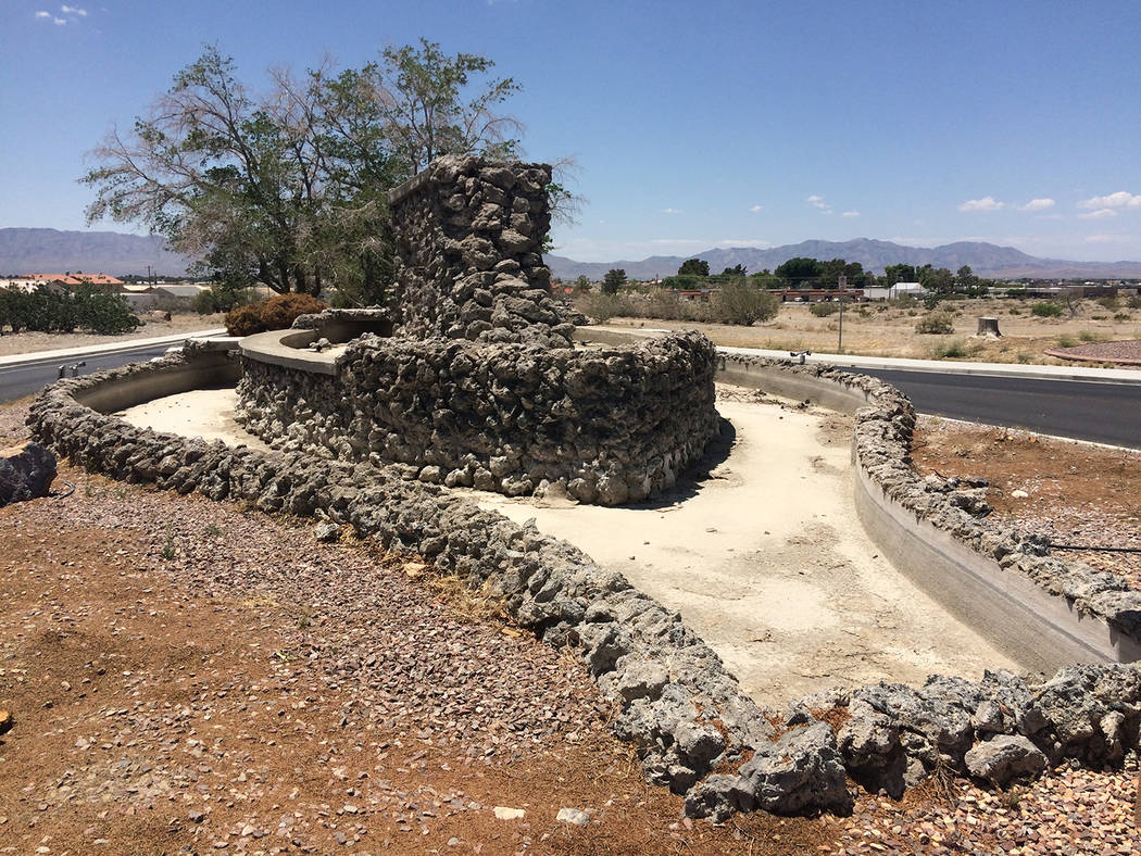 Robin Hebrock/Pahrump Valley Times The key feature of the Calvada Fountain, the water, has not been running for two years and the fountain remains bereft of liquid life, as shown in this photo tak ...