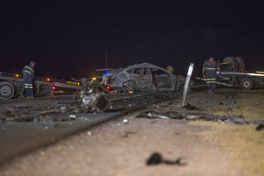 The northbound Nissan that was fully engulfed in flames in the multi-fatality crash on U.S. Highway 95, near Amargosa Valley in Nye County, Sunday, May 20, 2018. (Rachel Aston Las Vegas Review-Jou ...