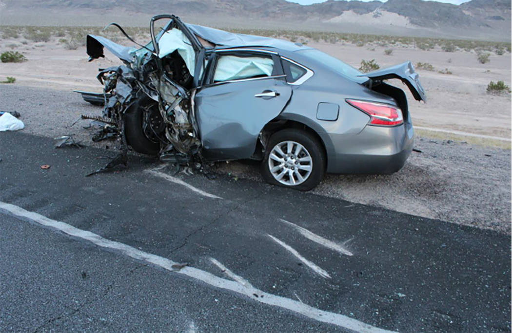 A vehicle is shown after a multi-fatality crash on U.S. Highway 95, near Amargosa Valley in Nye County, Sunday, May 20, 2018. (Nevada Highway Patrol)