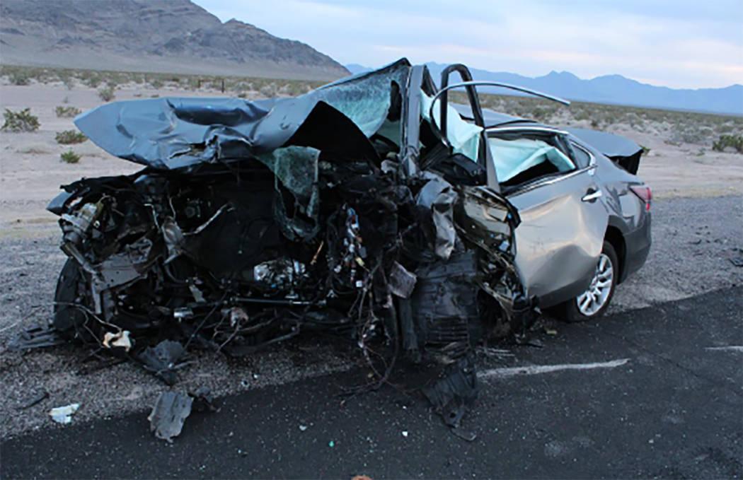A vehicle is shown after a multi-fatality crash on U.S. Highway 95, near Amargosa Valley in Nye County, Sunday, May 20, 2018. (Nevada Highway Patrol)