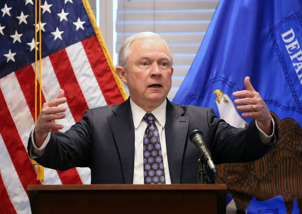 Bizuayehu Tesfaye/Las Vegas Review-Journal U.S. Attorney General Jeff Sessions delivers a speech to federal, state and local law enforcement about sanctuary cities and efforts to combat violent cr ...
