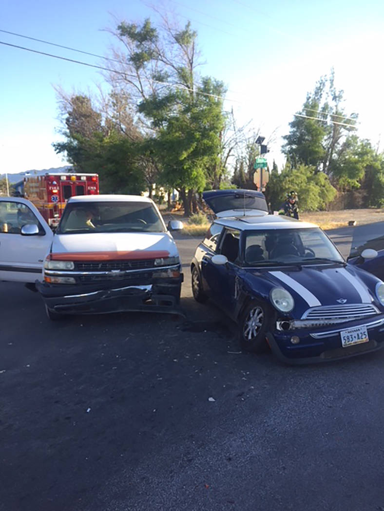 Special to the Pahrump Valley Times On Saturday, emergency crews responded to an injury motor vehicle crash at Basin Avenue and Leslie Street just before 6:30 p.m. Pahrump Fire Chief Scott Lewis s ...