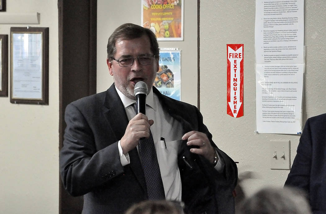 Horace Langford Jr./Pahrump Valley Times - May 11, 2018 Event for Grover Norquist, Grover Norquist speaks at a campaign rally for Dennis Hof on May 11, 2018. The rally, held at the Pahrump Senio ...
