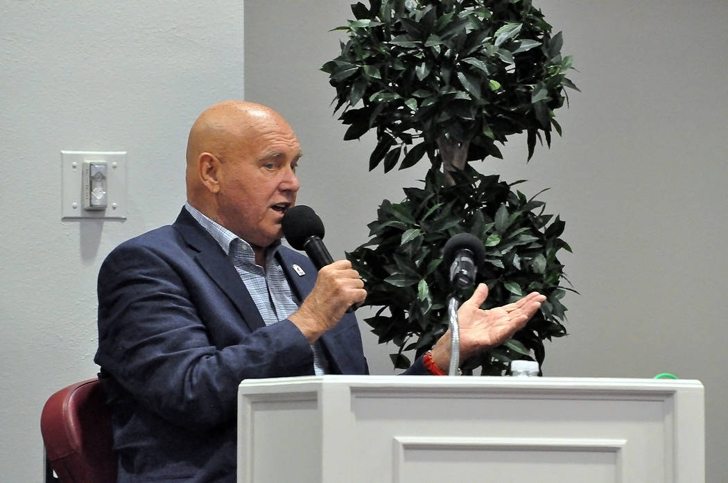 Horace Langford Jr./Pahrump Valley Times Dennis Hof Dennis Hof speaks at his campaign rally on June 2, 2018 at the Pahrump Nugget in Pahrump. The event’s keynote speaker was Roger Stone who has ...
