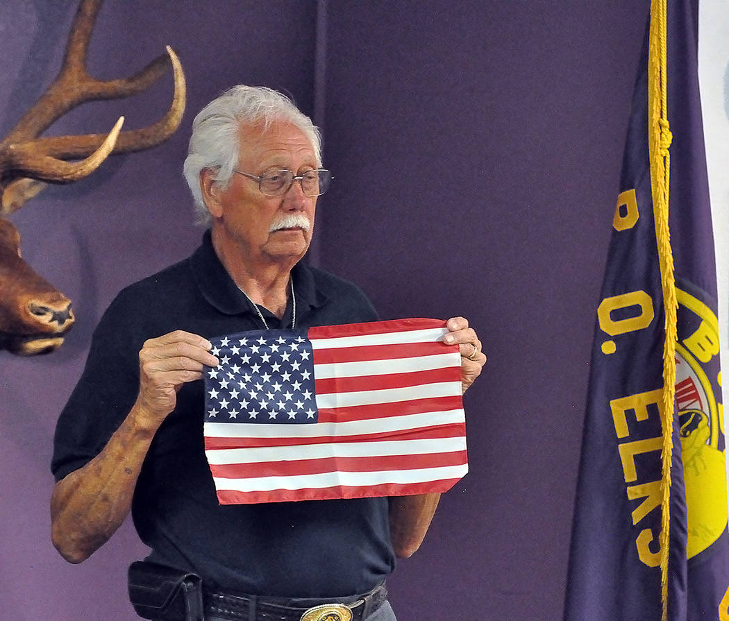 Horace Langford Jr./Pahrump Valley Times Pahrump Elks Lodge Exalted Ruler Chuck Coleman spoke about the evolution of the American flag over years during Friday's special Flag Day ceremony on Frida ...