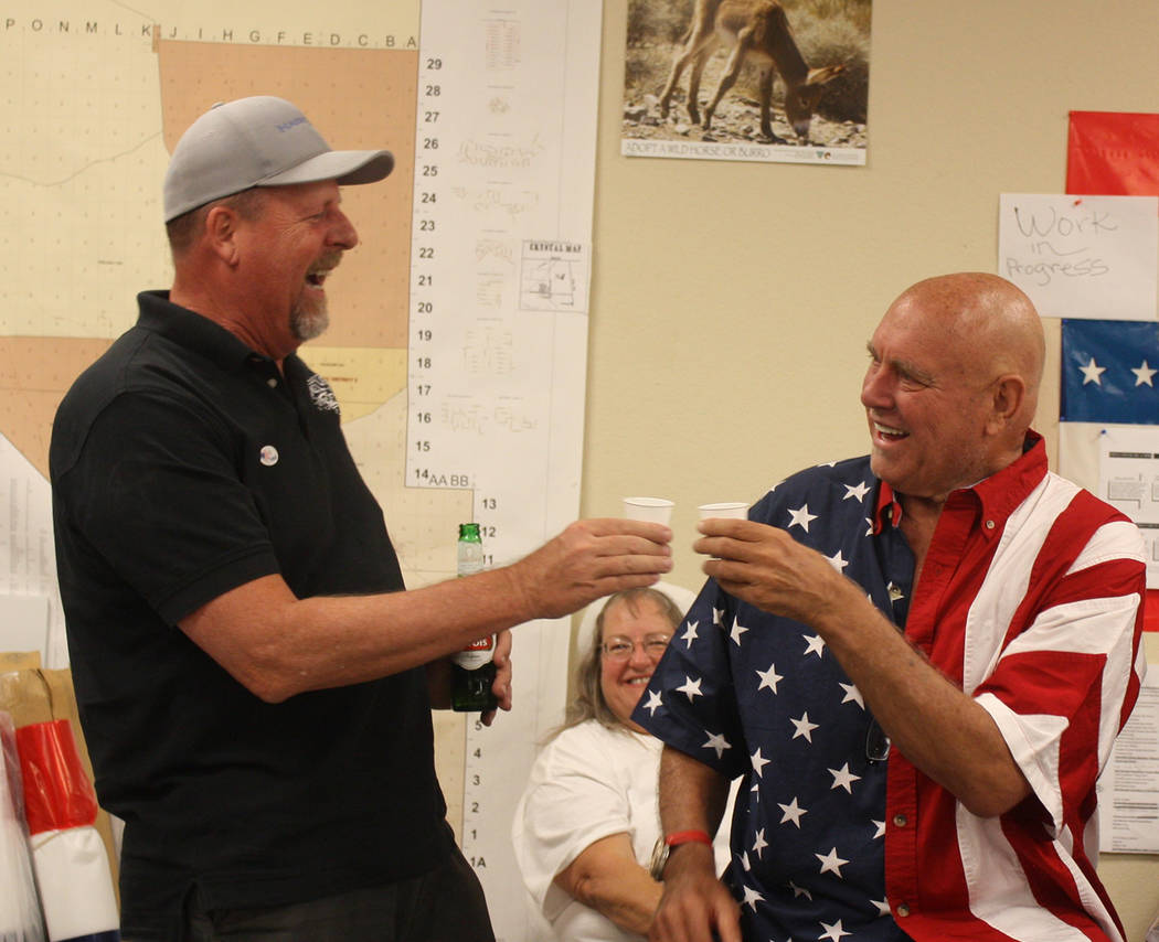 Special to the Pahrump Valley Times Former Nevada Assembly District 36 representative Ed Goedhart is shown congratulating Dennis Hof on his primary election win. Hof is now set to head to the gene ...