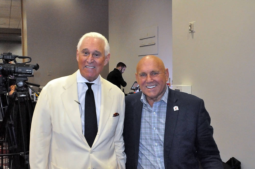 Horace Langford Jr./Pahrump Valley Times Roger Stone (left), who has been a longtime confidant of President Donald Trump, stands with Dennis Hof (right) on June 2, 2018 at the Pahrump Nugget. Ston ...